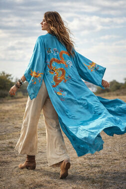 Vintage 1950s Flying Horse Hand Embroidered Silk Dragon Robe Small